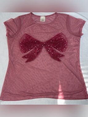 Fashion of New York Mauve Rhinestone Bow Sheer Top Plus Size 1X P73
